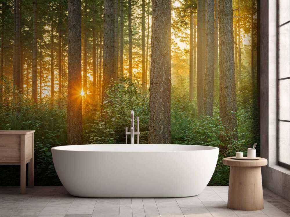 Sunbeams in a coniferous forest