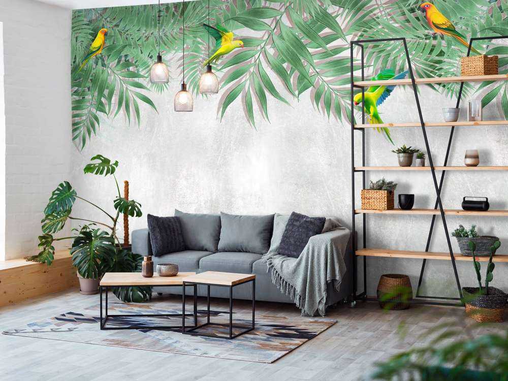 Tropical leaves and parakeets