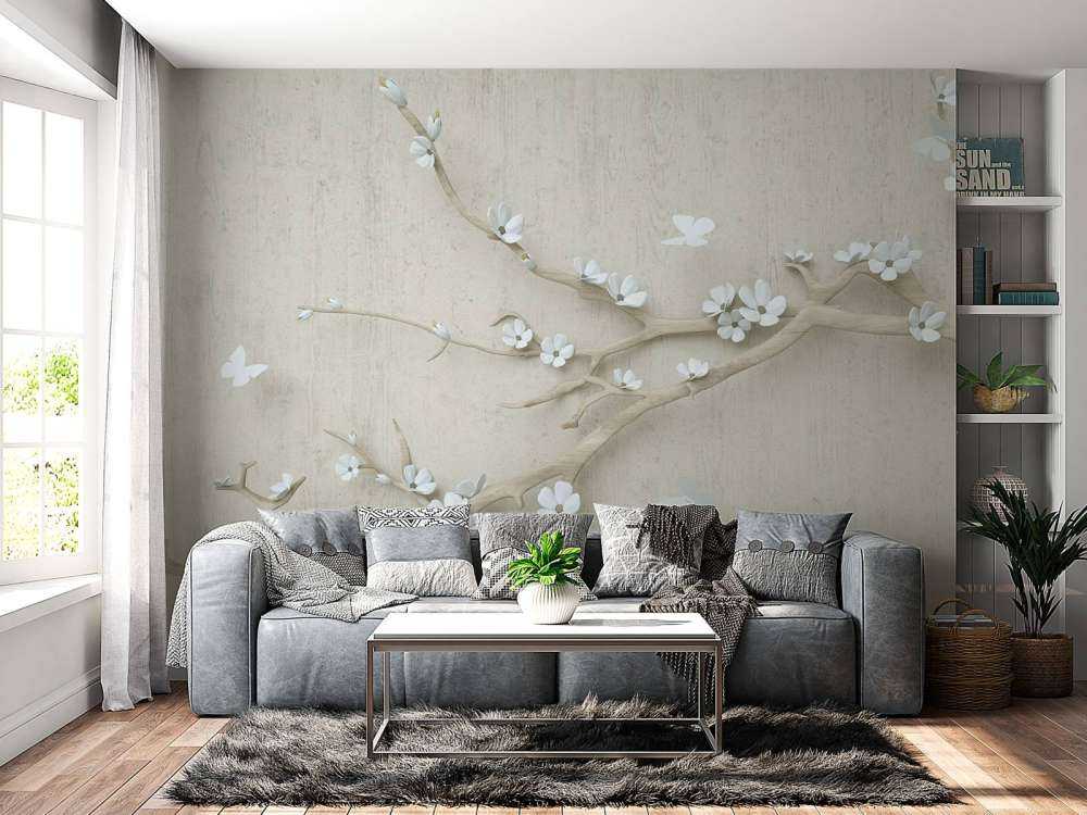 Branch with white flowers on wooden background
