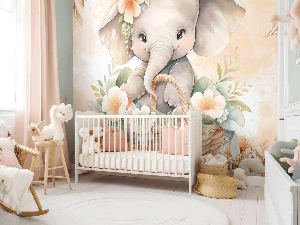 Cute elephant in flower basket