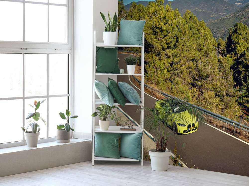 Lime green BMW on mountain road