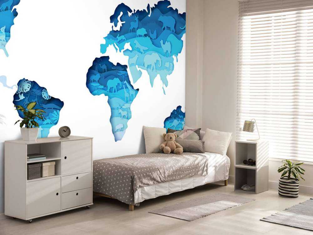 Dieren wereldkaart blauw tinten