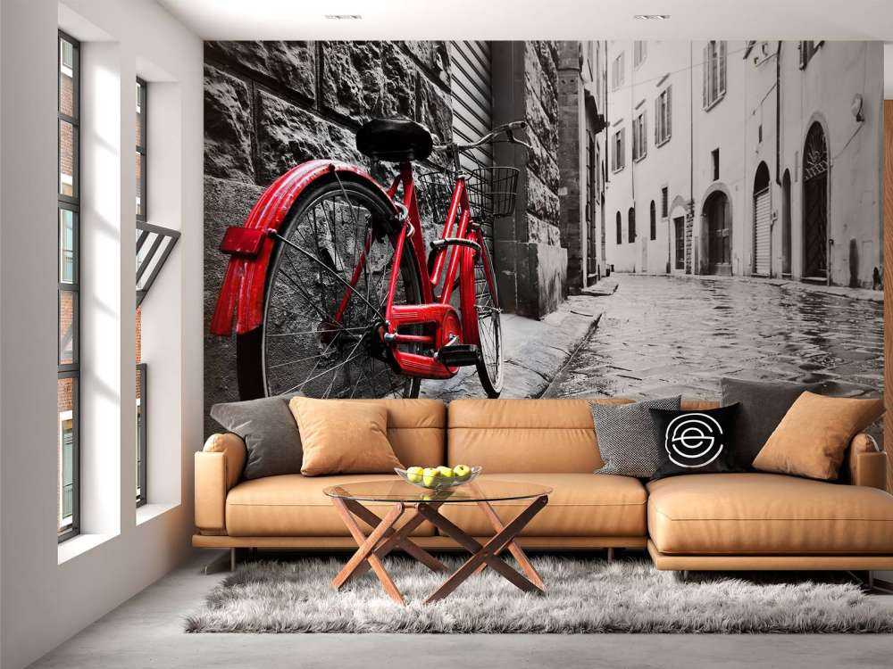 Rode fiets in een zwart-witte straat