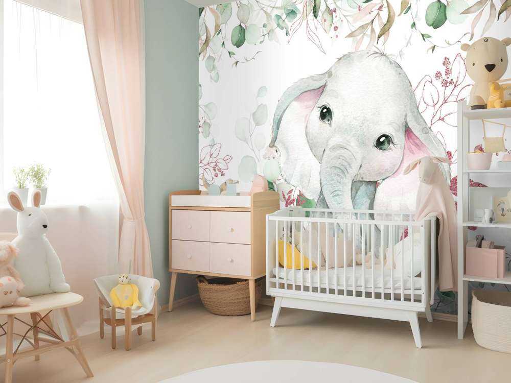 Elephant baby with mint and pink leaves