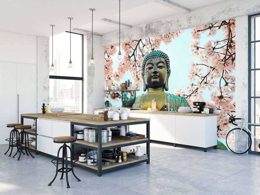 Buddha surrounded with cherry flowers