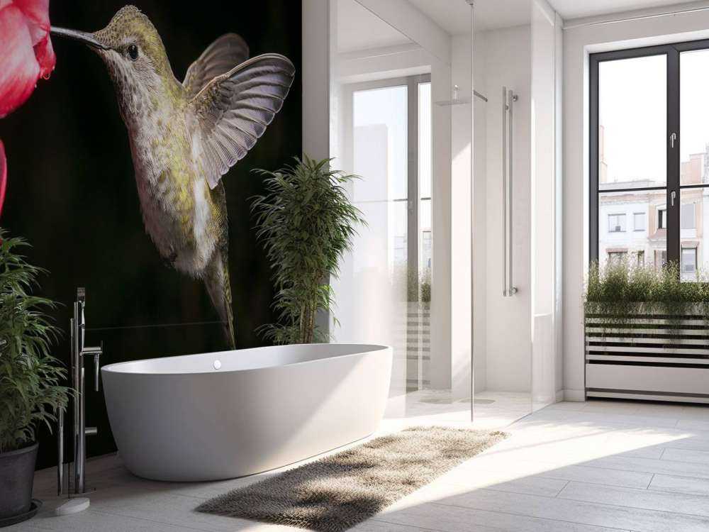 Hummingbird with red flower