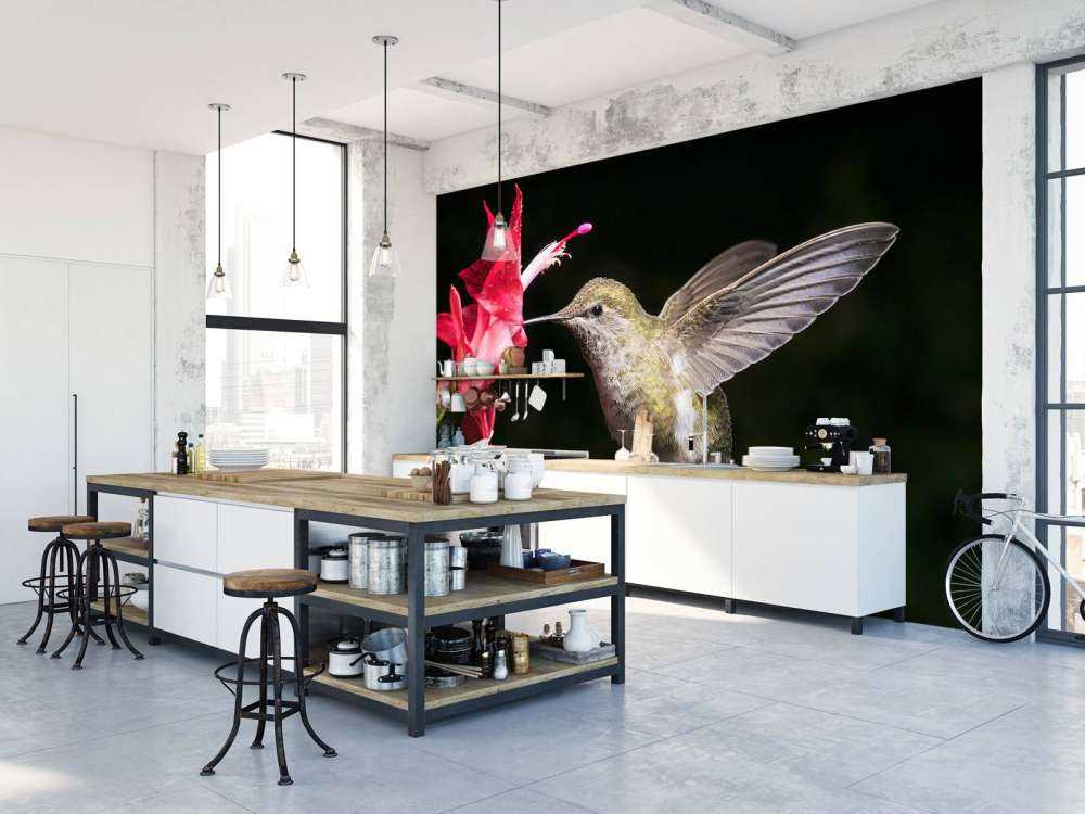 Hummingbird with red flower