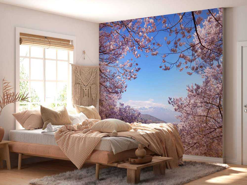 Pink blossoms with mountains