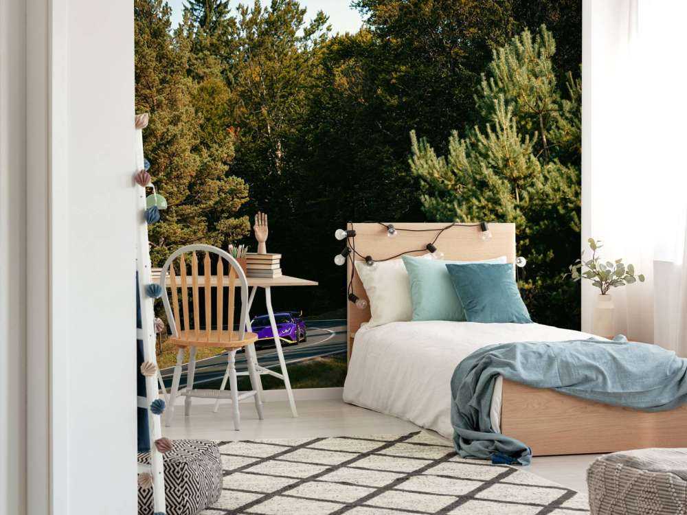 Purple Lamborghini Huracán in woodland landscape