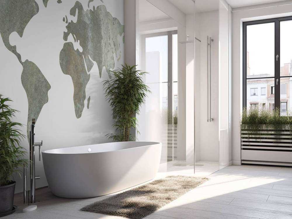 Green world map with metal structure