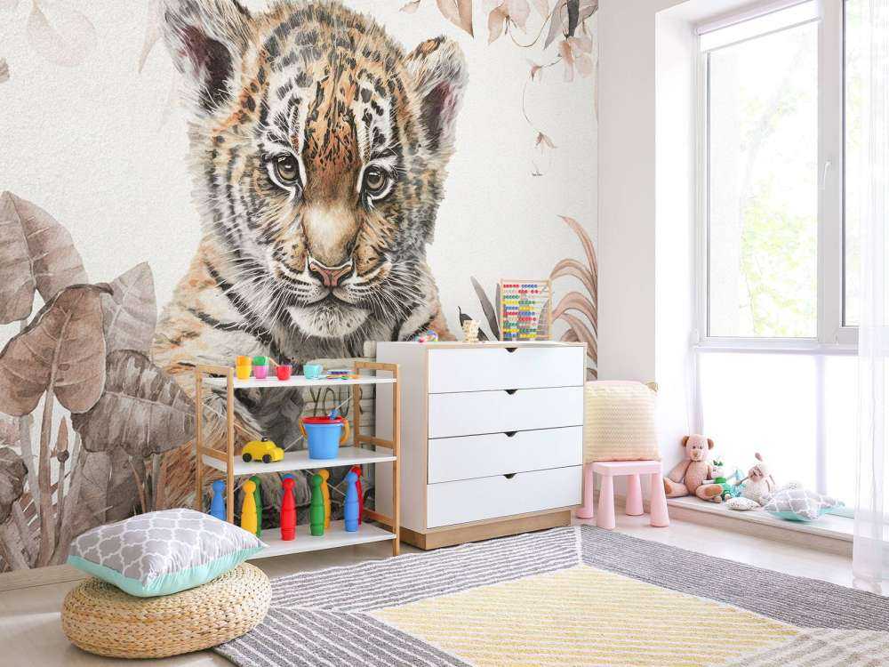 Cute tiger with plants taupe