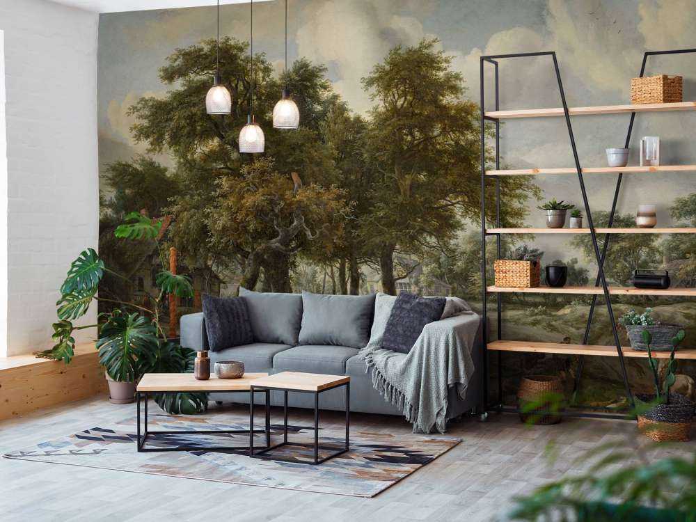 Forest landscape with farmhouses