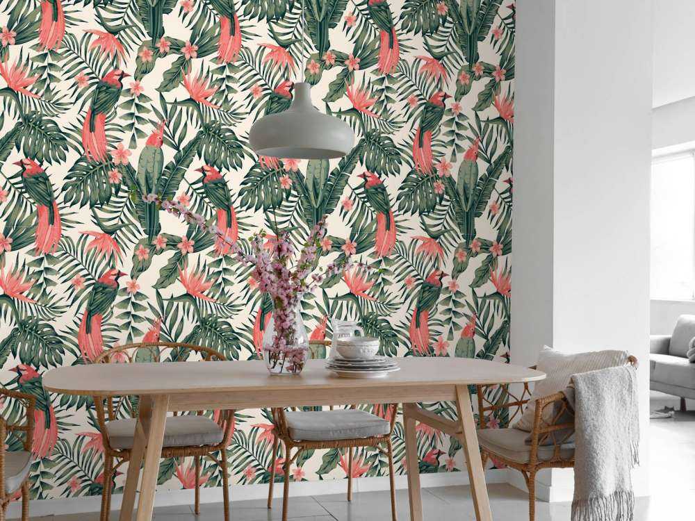Tropical plants, flowers and birds