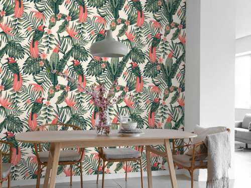 Tropical plants, flowers and birds
