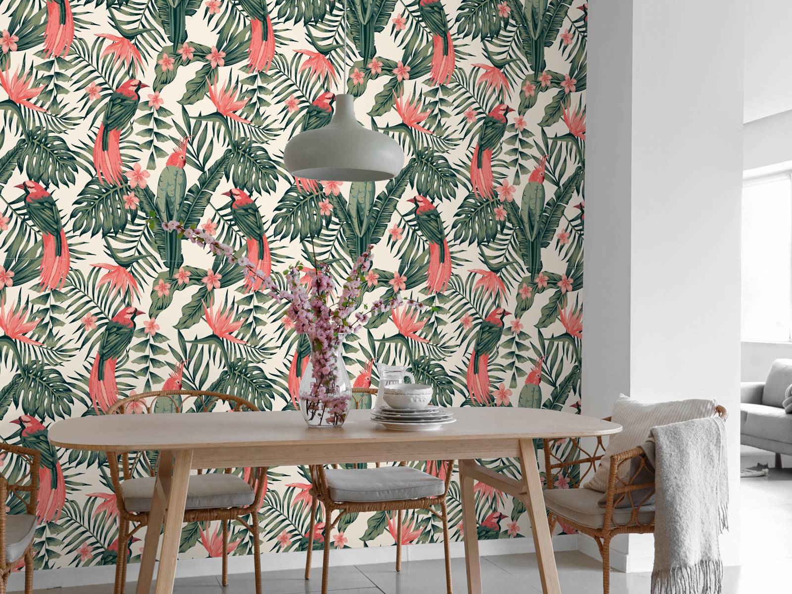 Tropical plants, flowers and birds