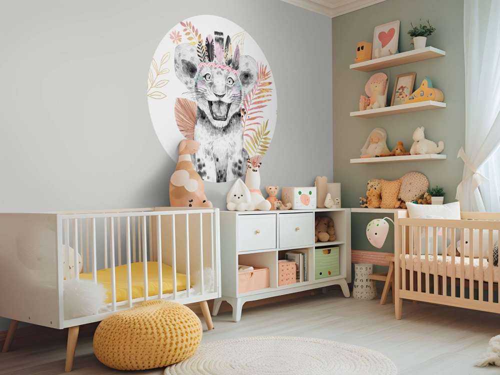 Baby lioness with coral pink and gold leaves