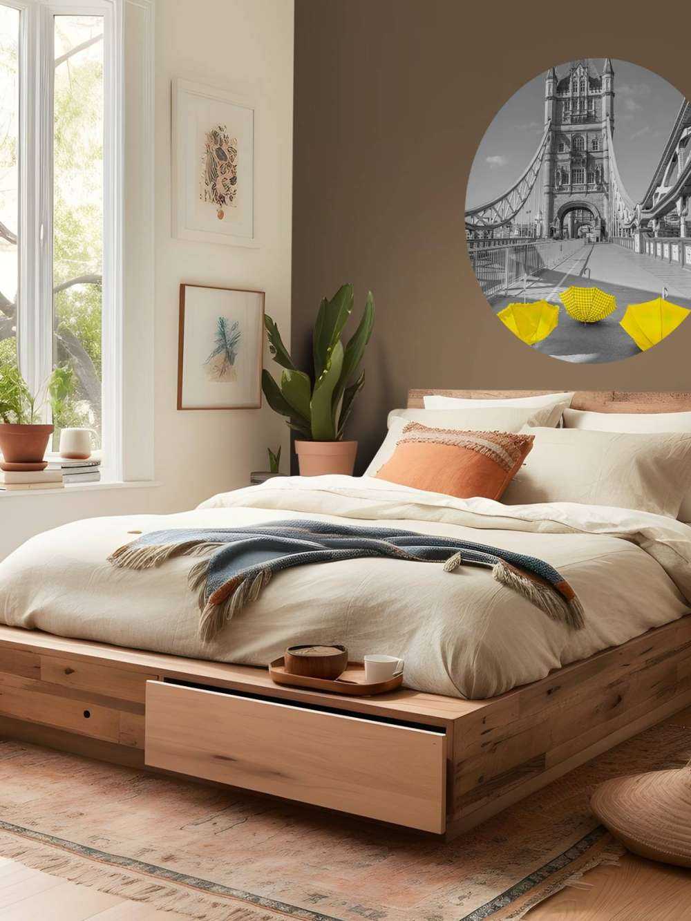 Yellow umbrellas on Tower bridge