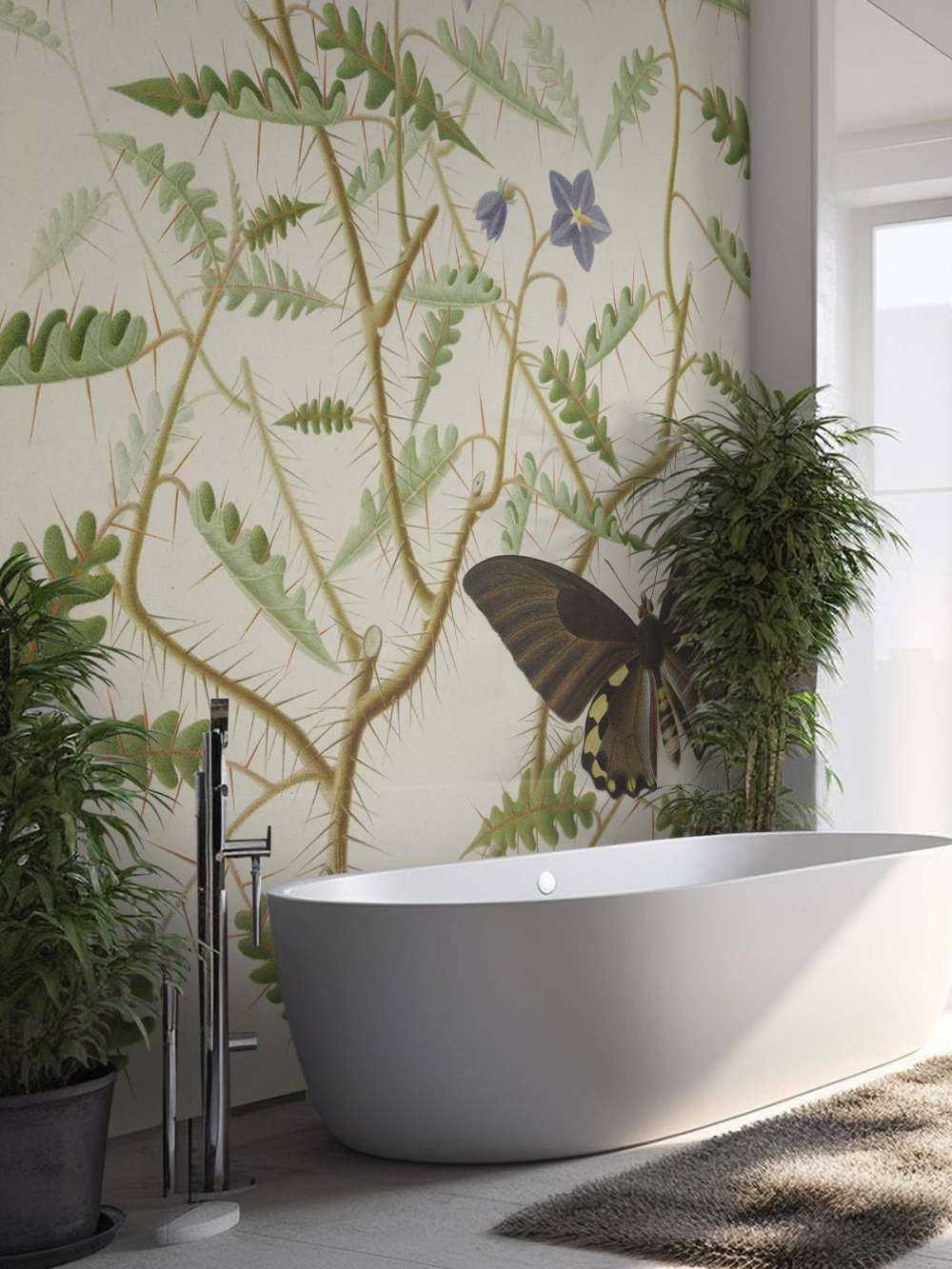 A blossoming shrub with two exotic butterflies