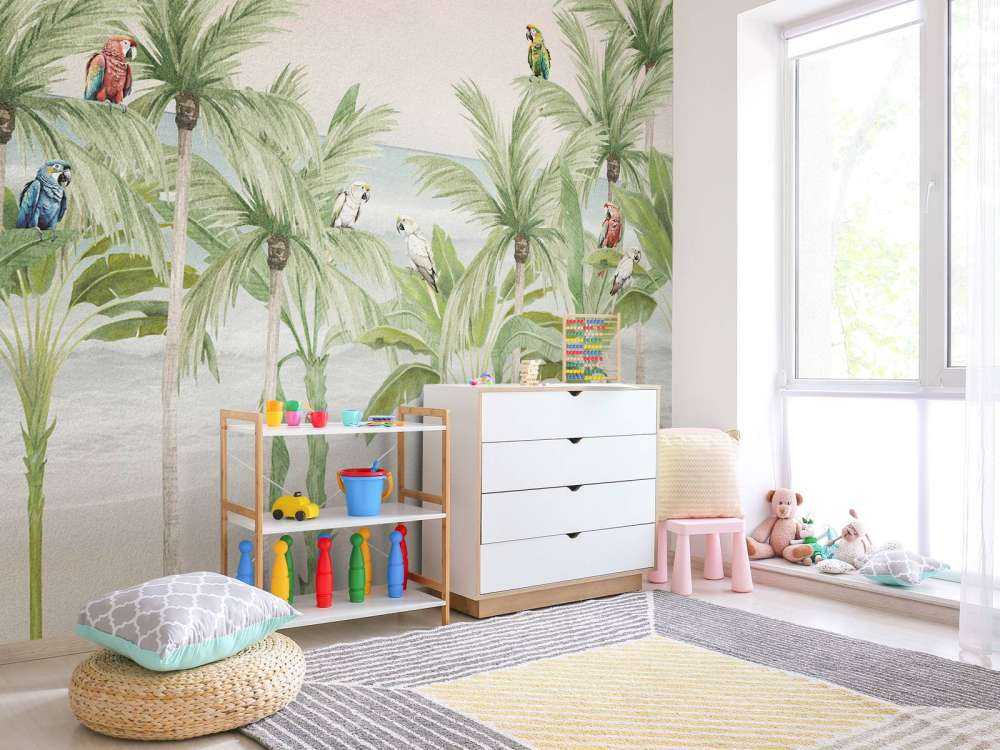 Parrots on beach in colour