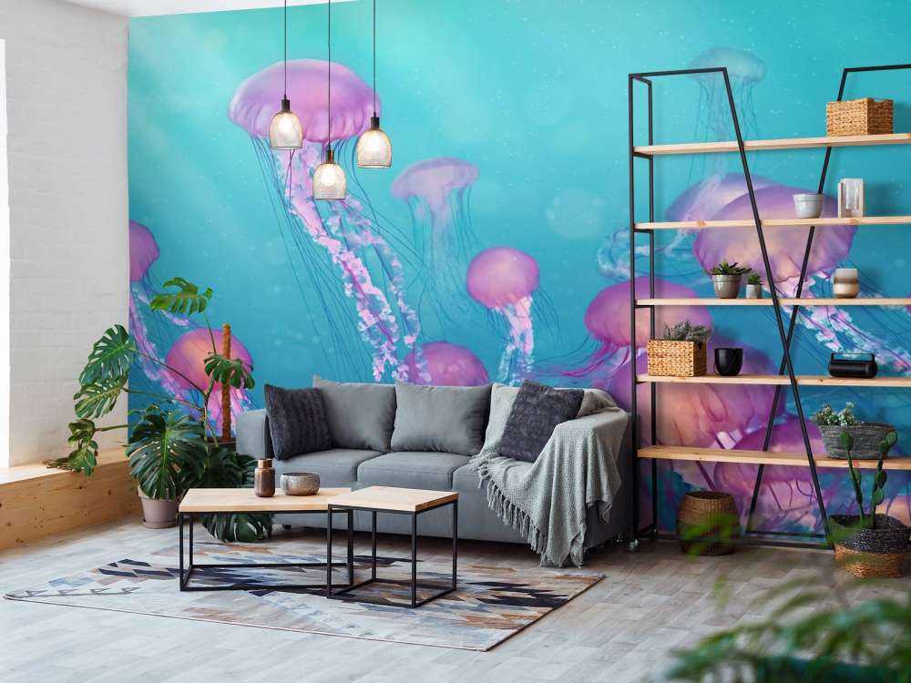 Pink jellyfish in blue sea