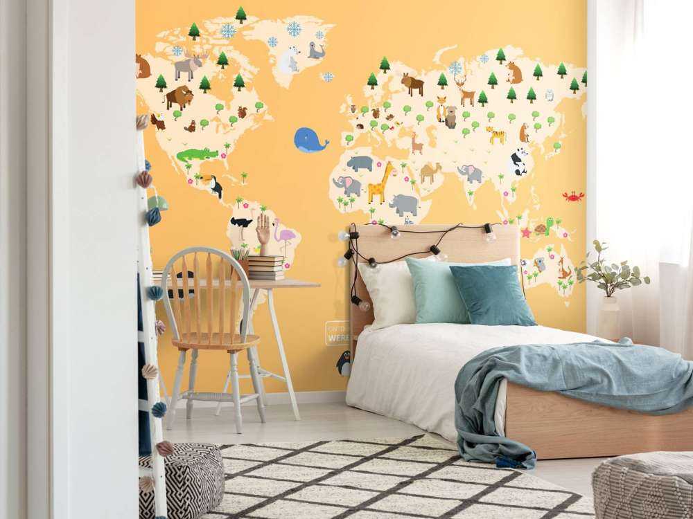 World map for children with yellow background
