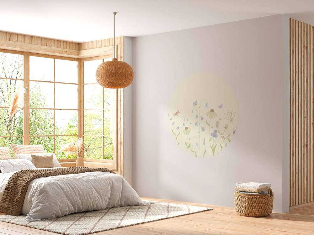 Flower field high with butterflies sand, old pink, green and lilac