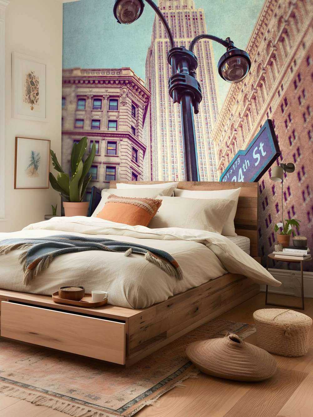 Street lamp and street signs with Empire State building in background - New York