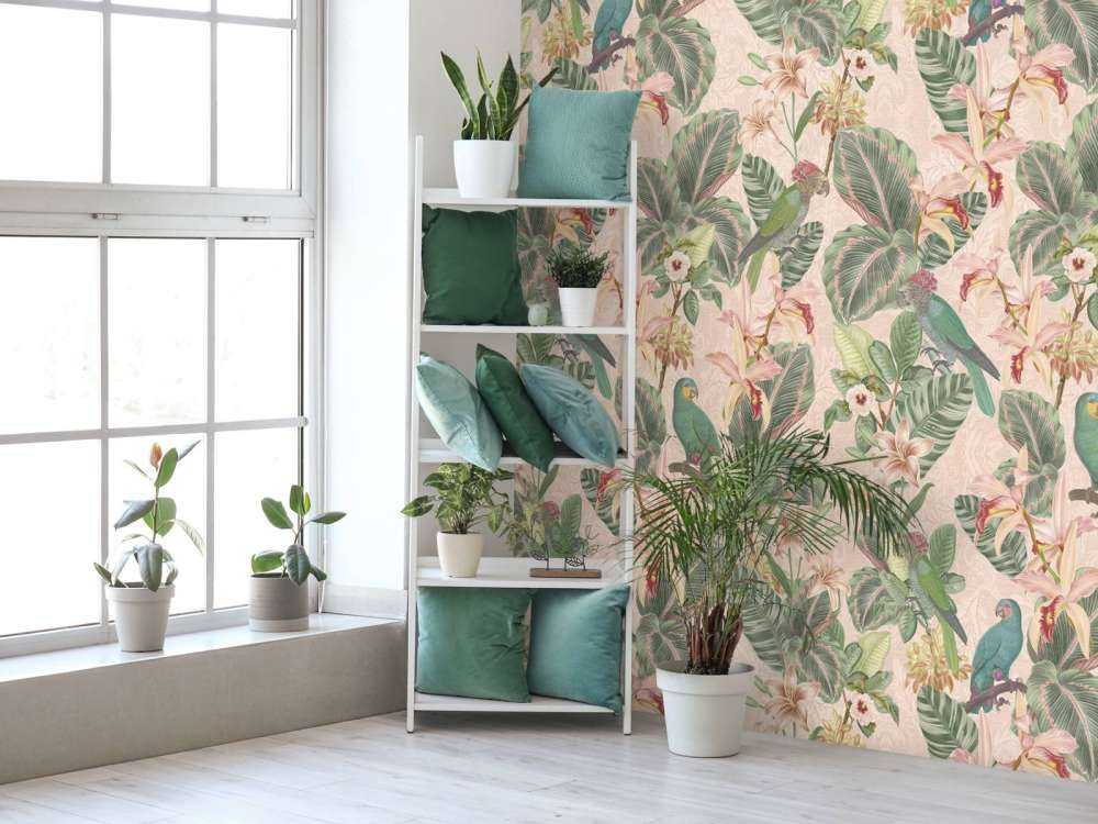 Tropical Jungle birds & parrots - soft pink