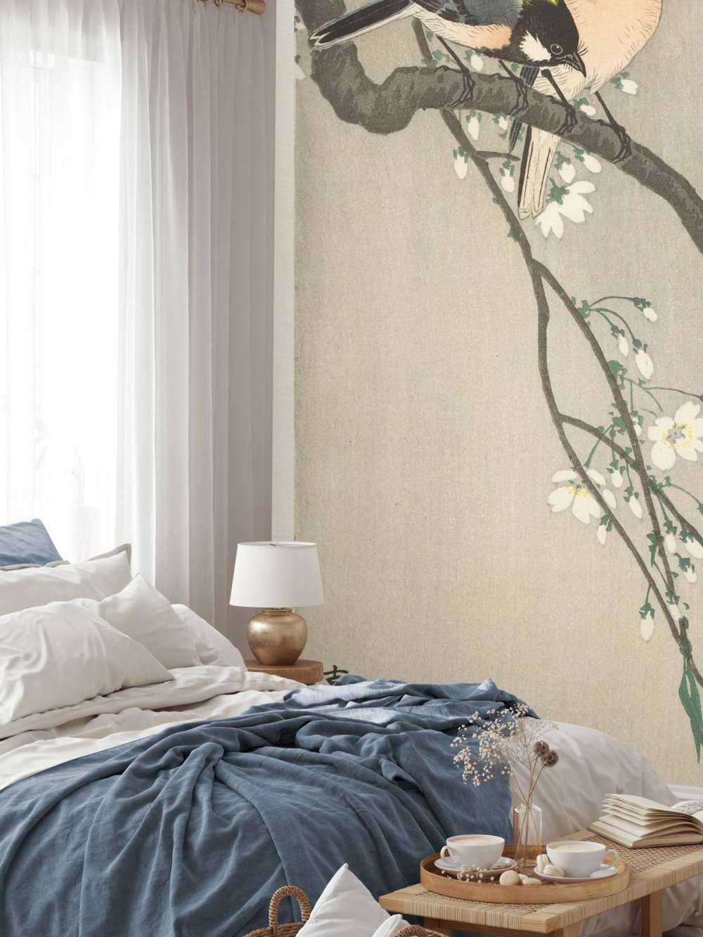 Great tits on blossom branch