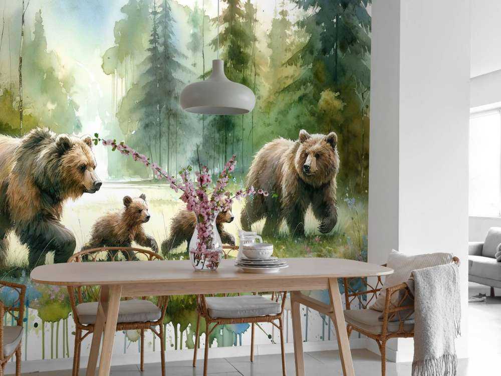 Watercolor Bear Family In The Forest