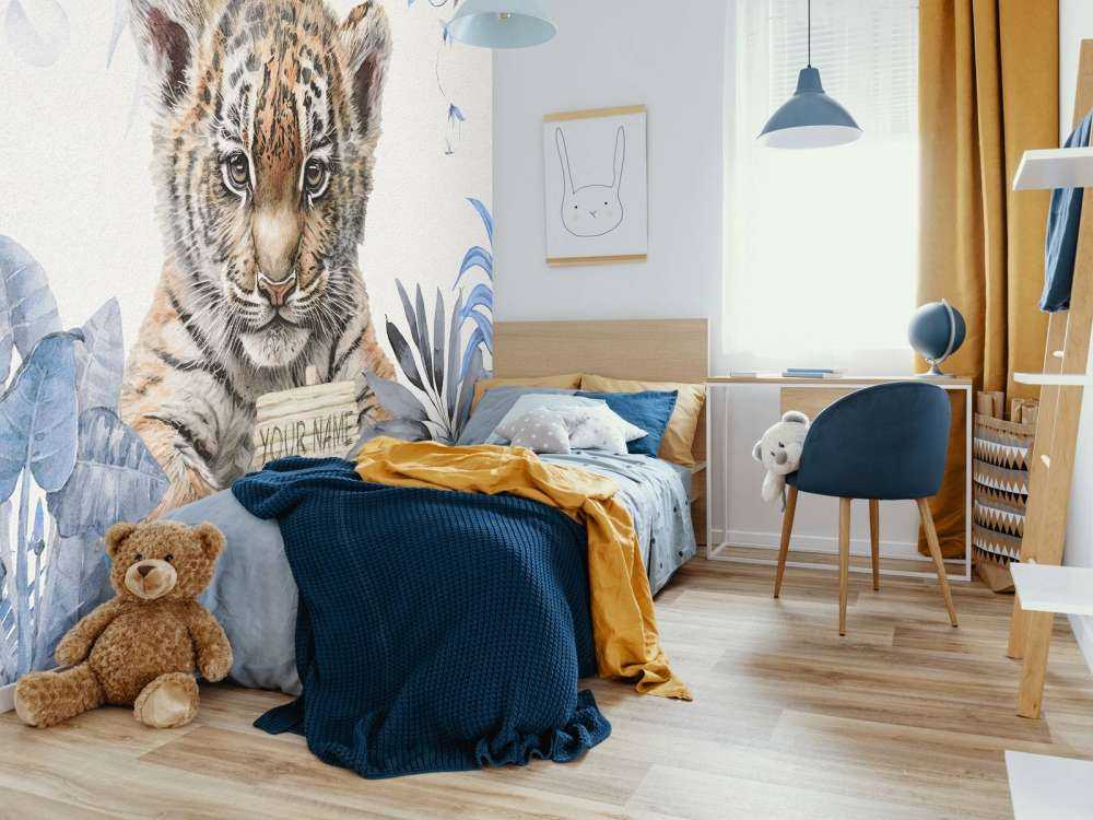 Cute tiger with plants blue
