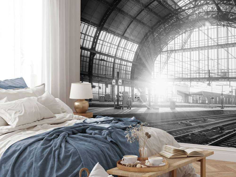 Sunrise on a station in black and white