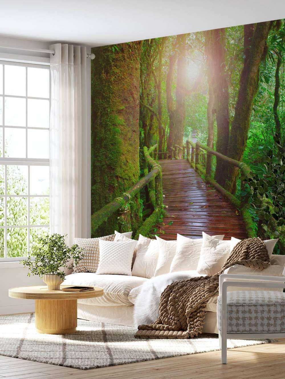 Behang met een houten brug