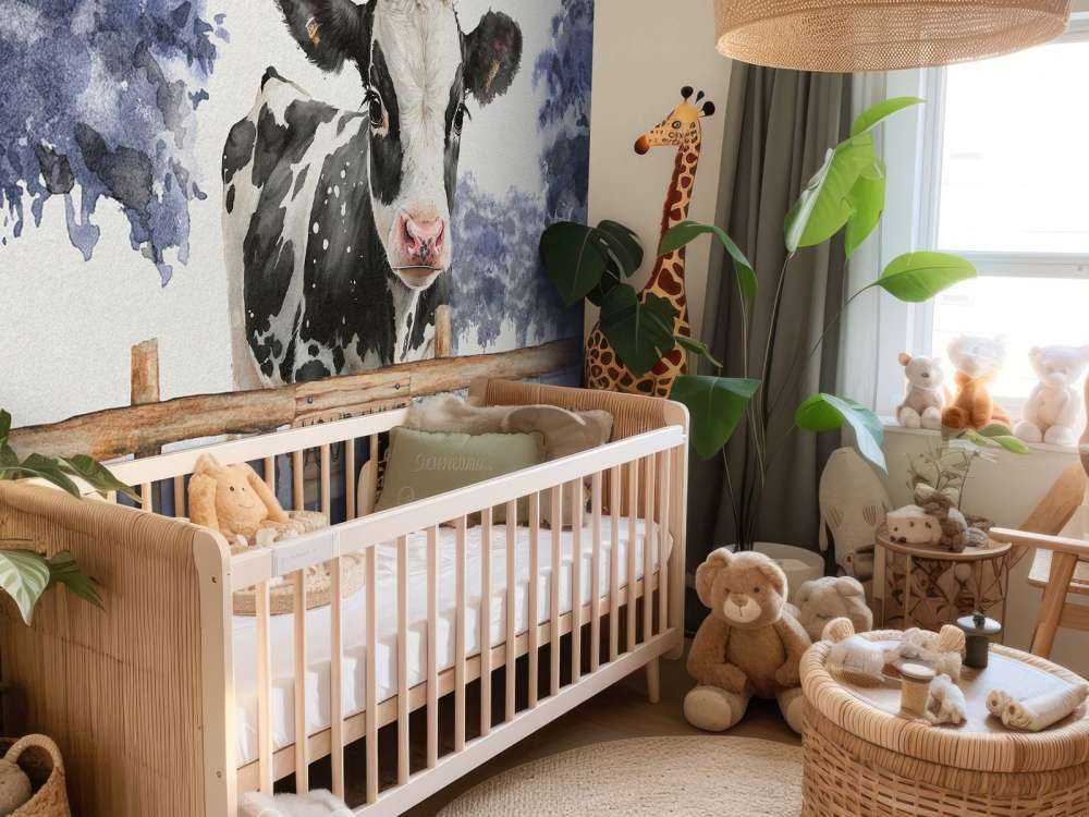 Young cow in a meadow blue