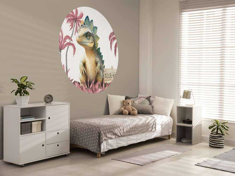 Baby stegosaurus in the pink jungle