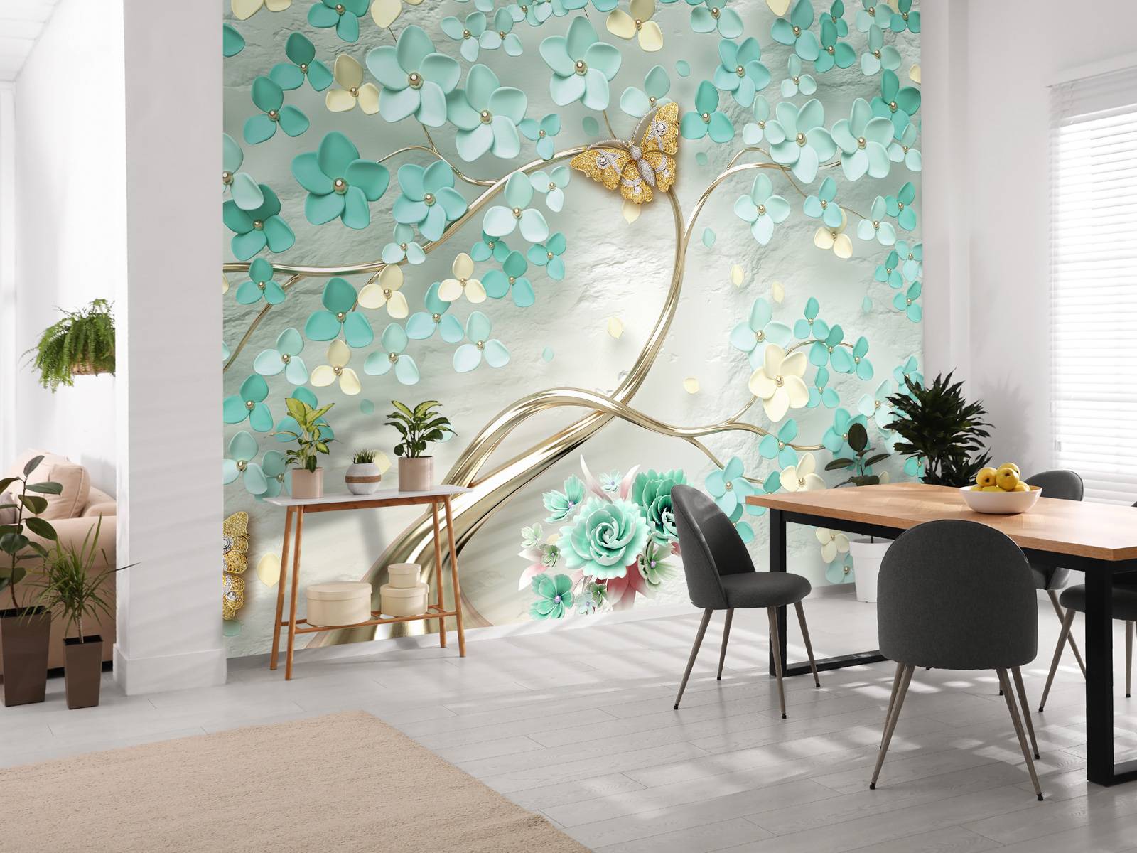 Golden fantasy tree with green flowers