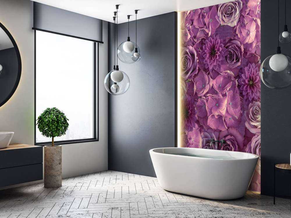 Purple hydrangeas, roses and dahlias