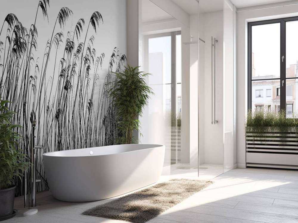 Reed along the waterfront in black and white