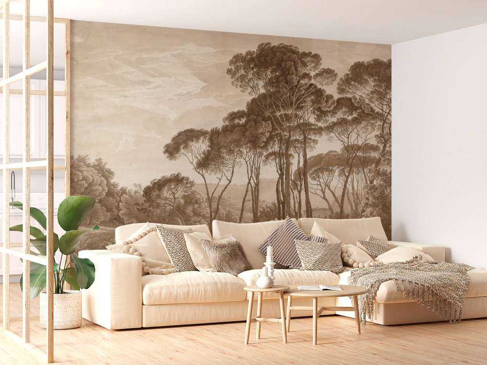 Forest landscape near Rome with setting sun