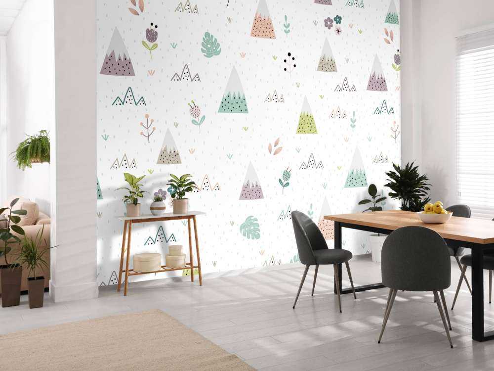 Mountains, plants and flowers pattern