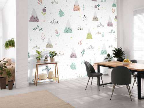 Mountains, plants and flowers pattern