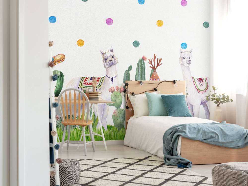 Alpacas between cacti