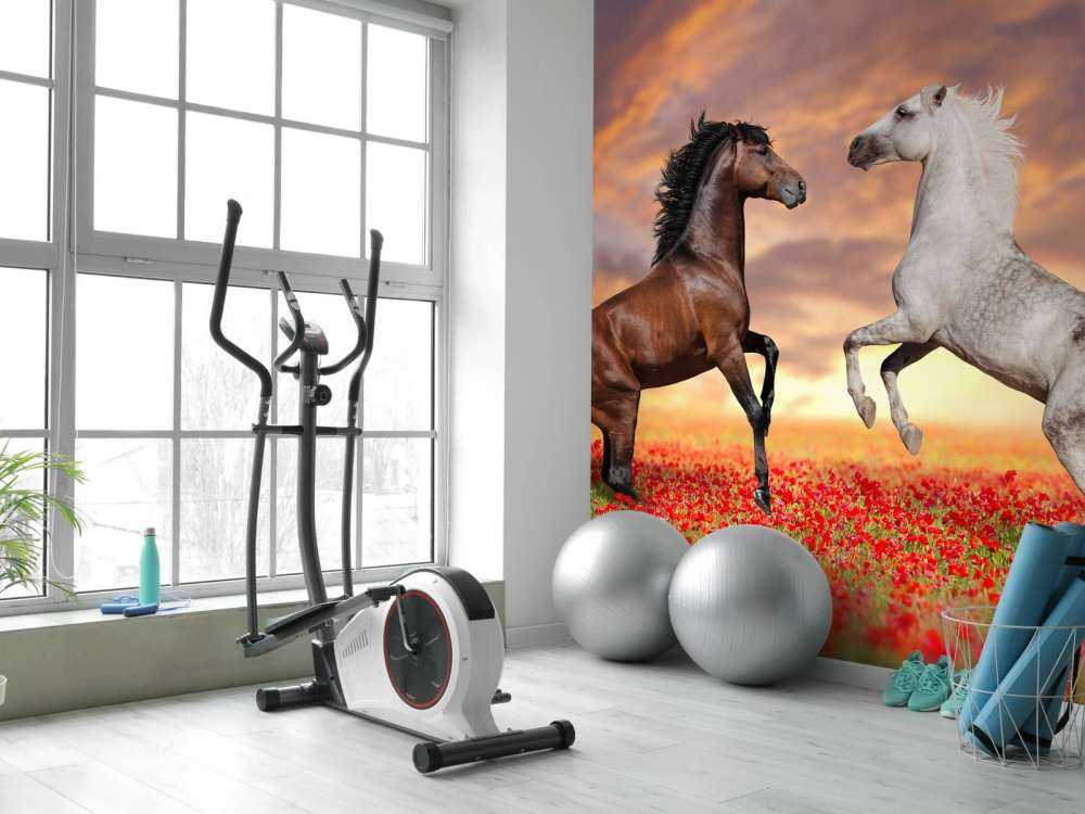 Verliefde paarden in een bloemenveld