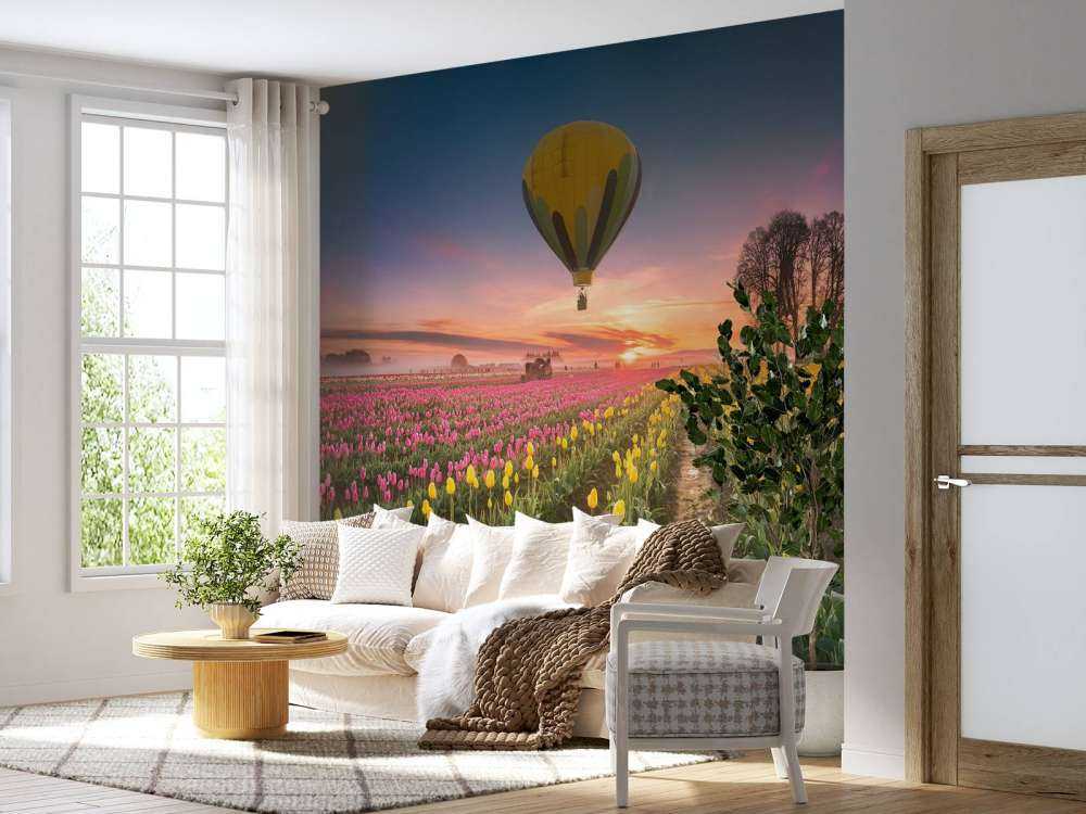 Pink yellow tulip field