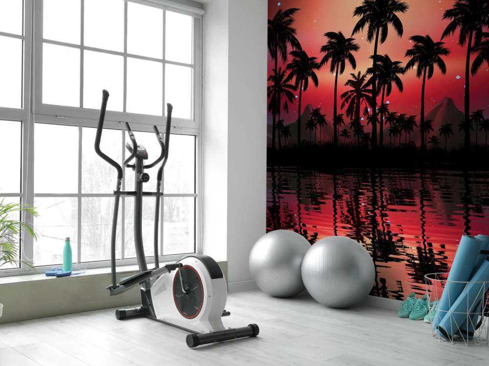 Palm trees in red sky