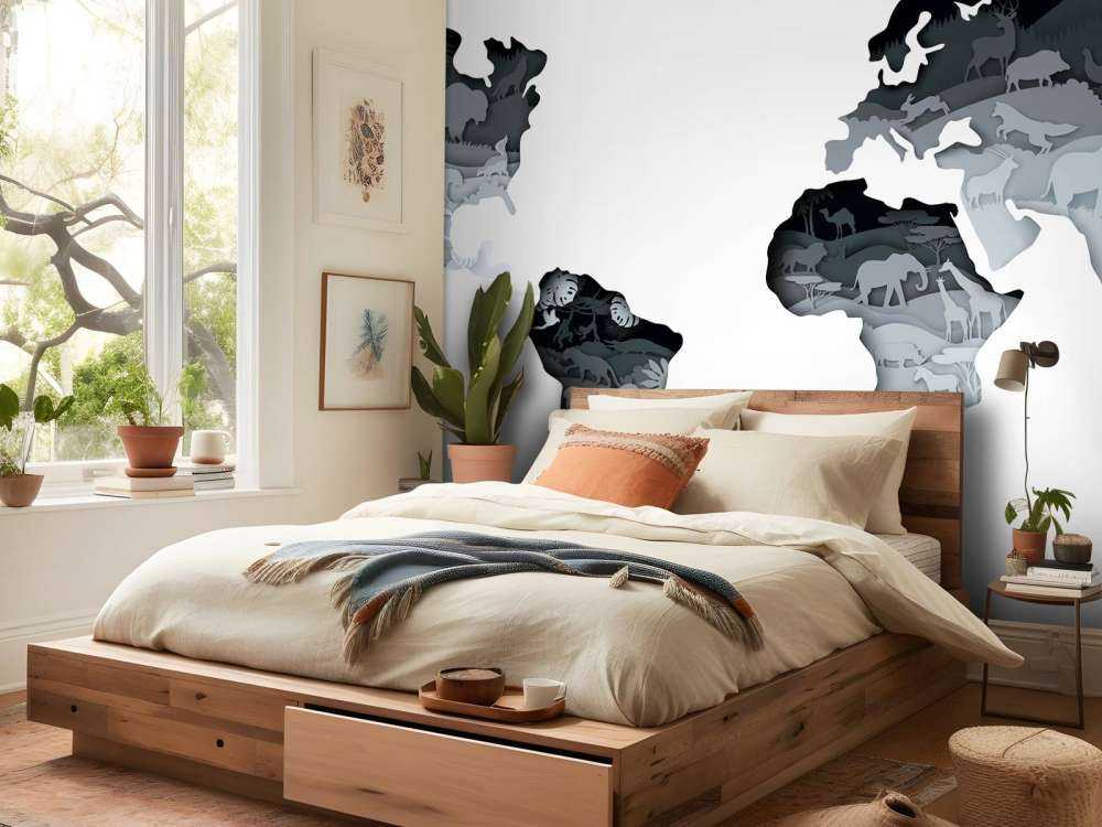 Dieren wereldkaart grijs tinten