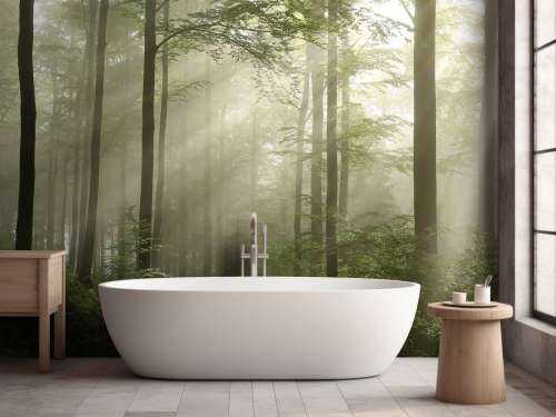 Green forest in the fog