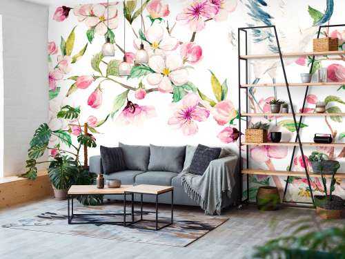 Peinture de grues avec fleurs