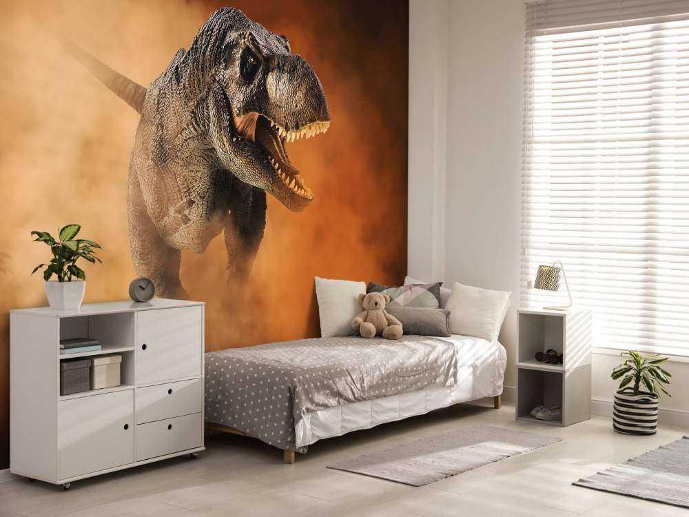 Tyrannosaurus walking through smoke