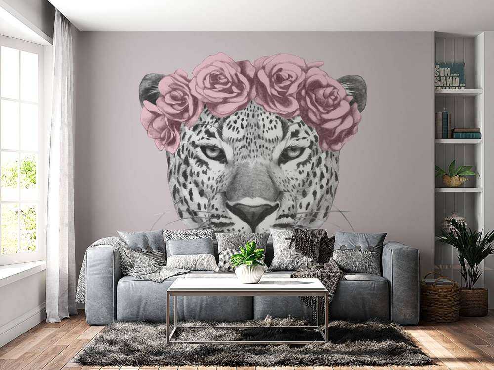 Leopard with pink flowers